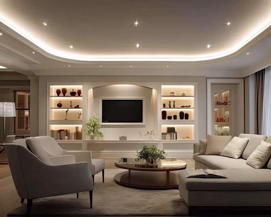 Contemporary living room with ceiling cove lighting using recessed aluminum profiles.