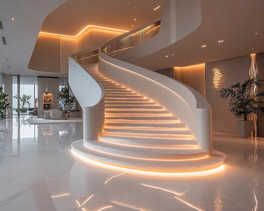 Hotel entrance with steps illuminated by sleek aluminum linear lighting profiles for safety and style.