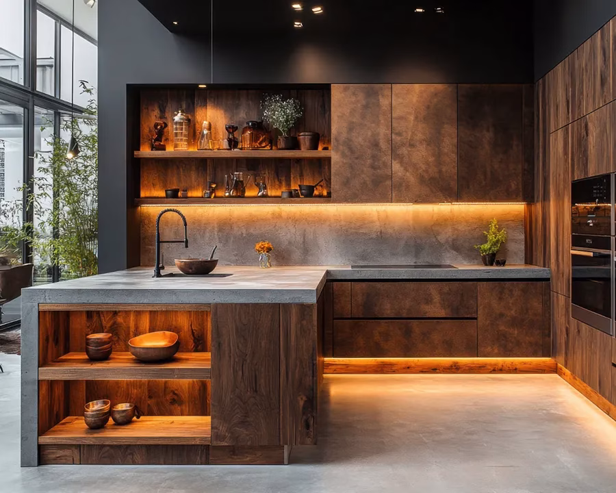 Modern kitchen with soft LED lighting under cabinets using aluminum profiles.