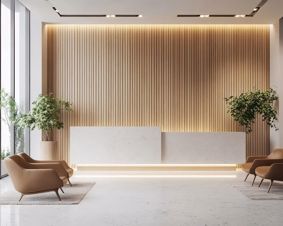 Stylish office space featuring linear lighting profiles along the ceiling and walls.