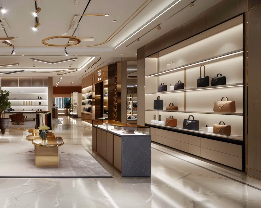Elegant retail display with integrated shelf lighting powered by aluminum LED channels.